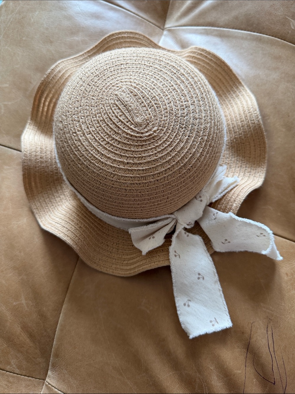 Girls' Tan Straw Floppy Sun Hat with Cream Bow